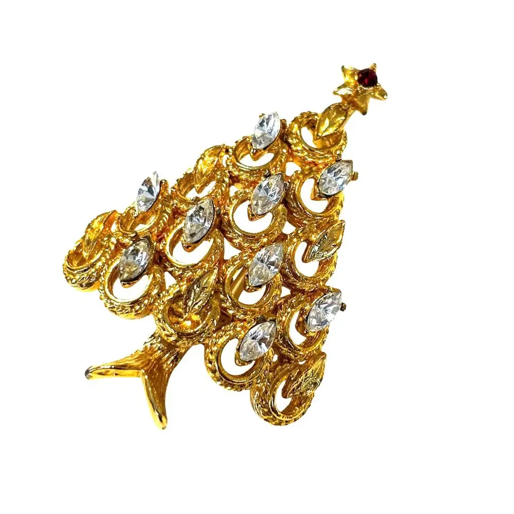 Vintage Christmas tree brooch goldtone & white rhinestones textured dimensional